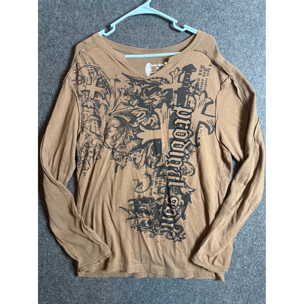 Carbon Black Mens XL Long Sleeve Thermal Shirt Tan Gothic Cross Graphic Y2K MMA